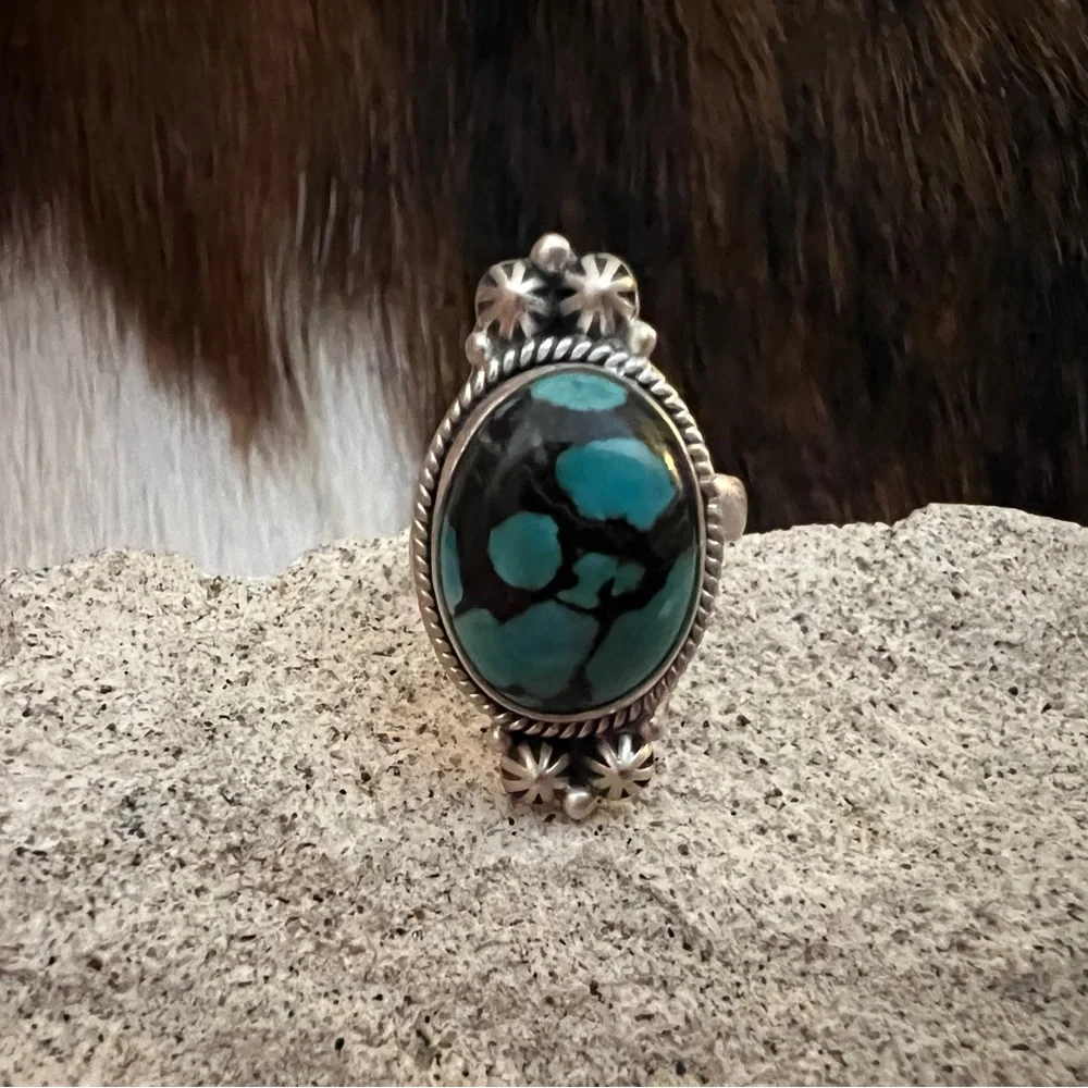 ❤️ Hubei Turquoise Navajo Style Spiderweb Decorative ADJ Oval Matte 925 Ring - Picture 11 of 14